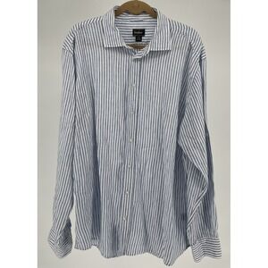 Neiman Marcus Linen Shirt Mens 2XL Rolled Tab Sleeve Blue Stripes Coastal Beach